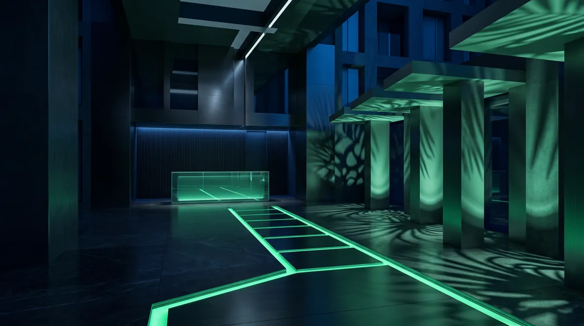 Camino de luz esmeralda hacia una recepción de hotel abstracta