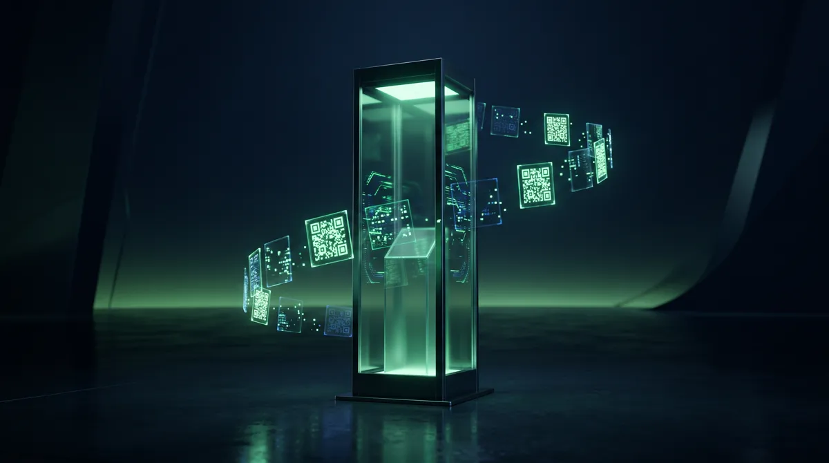 Tótem de cristal con códigos QR flotantes en un salón de eventos