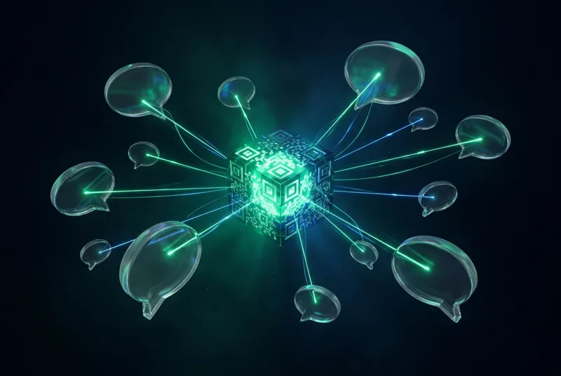 Burbujas de conversación de cristal conectadas a un cubo QR luminoso
